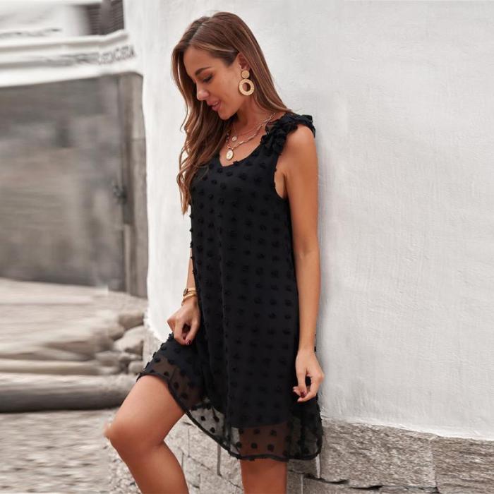 Women Solid Color Dress 2021 Summer V-Neck Sleeveless Elegant Ruffle Ladies Long Clothes Party Club Mini Dress For Female