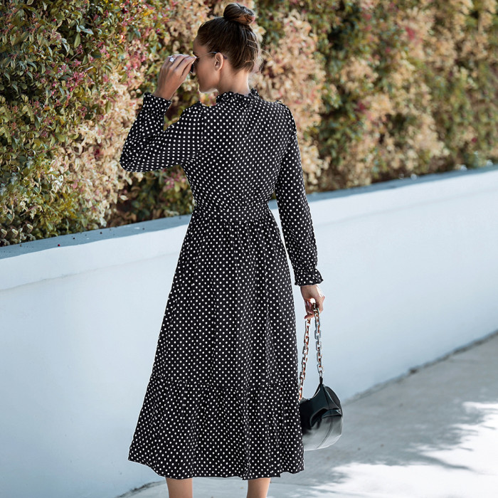 Boho Sleeve Polka Dot Printed Long Dress Women Elegant Vintage Stand Collar Long Sleeves Spring Summer Dress 2022