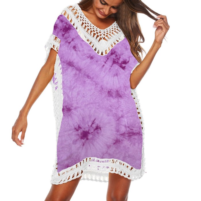 New 2021 top Spring Summer Wear Women Summer New Style Tie-Dye Hand Crochet Stitching V-neck Blouse Beach Dress robe платье