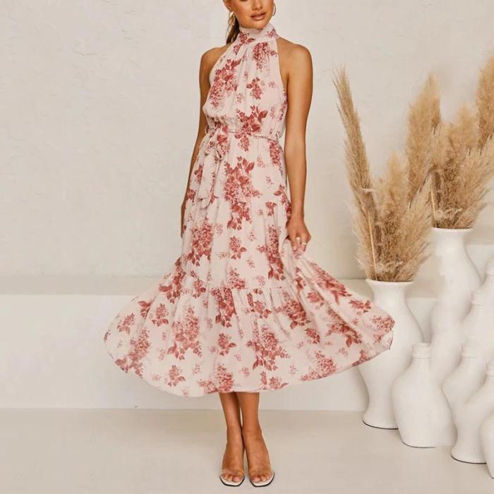 high neck layered sleeveless floral print maxi dress