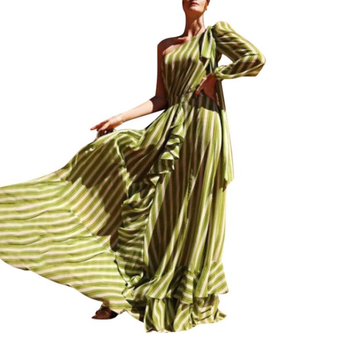 Women Dress Striped One Shoulder Bohemian Dress Sexy Long Printed Maxi Dresses Ruffles Large Hem Plus Size Dresses Spring