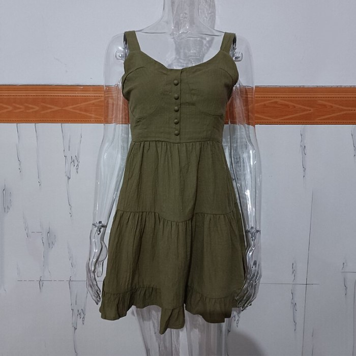 Sexy Green женское платье Sleeveless Summer Spaghetti Strap Female Mini Dress With Button Vintage Ruffled Backless Vestido