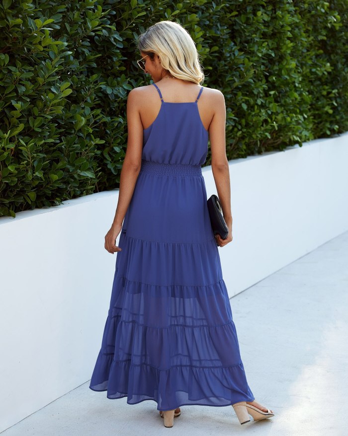 Solid Color Elegant Women Maxi Chiffon Long Dress Summer Fashion Spaghetti Strap Button Boho Dresses