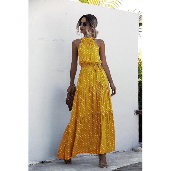 Women Boho Floral Long Dress Ladies Holiday Summer Beach Maxi Dress Polka Dots Halterneck Bandage Dresses