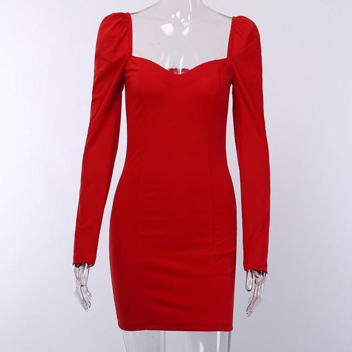 Puff Sleeves And V-neck Solid Color Bodycon Dresses