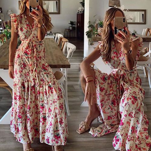 Women Summer Floral Print Long Maxi Dress Boho Beach Dress Short Sleeve Dress