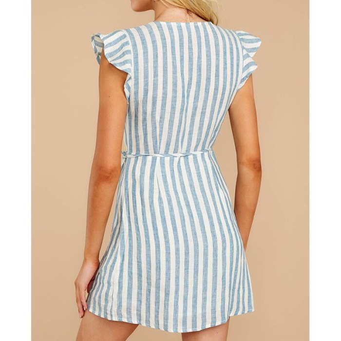 Vintage Stripe Ruffle Sleeve V-Neck Lady Summer Office Bandage Mini A-Line Dress