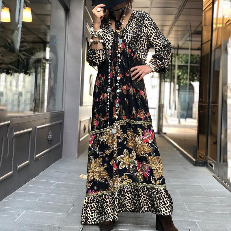 Beach V Neck Printed Color Long Sleeve Casual Maxi Dress