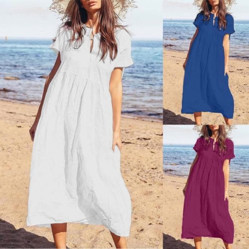 2021 Women Button Hollow Sexy Long Maxi Dress Celmia Casual Loose Solid Robe Beach Pleated Vestidos Mujer Plus Size Dress