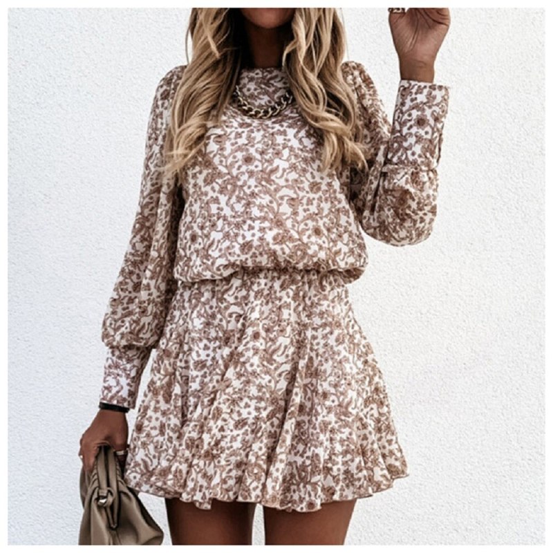 2021 High-Quality Factory Price New Ladies Floral Round Neck Commuter Short Skirt Waist Slimming Dress