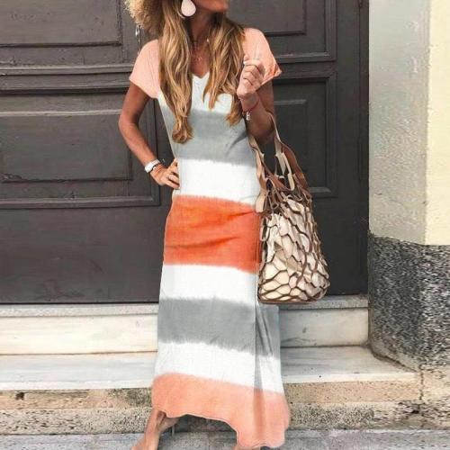 Casual Loose Colouring Striped Short Sleeves Ankle-length Maxi Dress