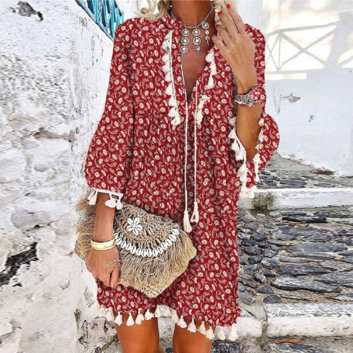 Vintage Women Floral Print A-Line Party Dress Spring Autumn V Neck Lace Up Tassel Mini Dress Elegant Long Sleeve Ladies Dresses