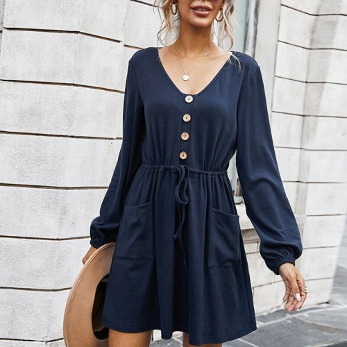 Elegant Solid Women Dress Sexy V-Neck Long Sleeve Drawstring Button Office Lady Mini Dresses With Pockets