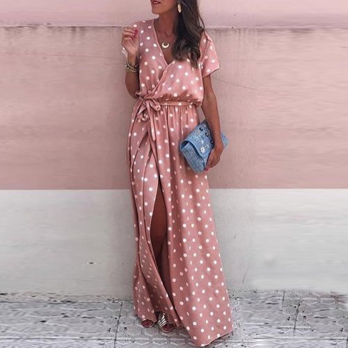 Sexy Pink Wave Point Vacation Maxi Dress