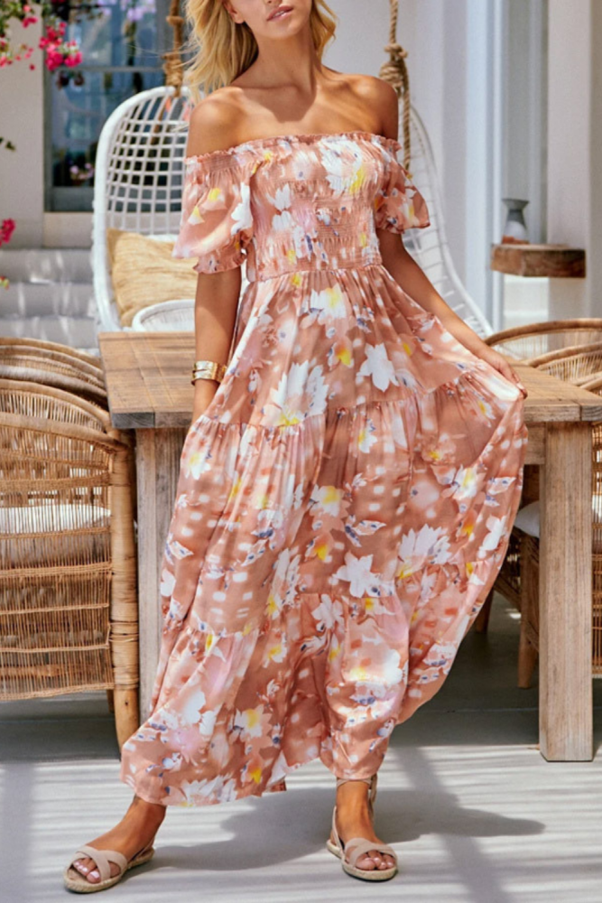 Sexy Chiffon Dress for Mature Women Floral Off the shoulder Short Sleeve Party Mid-Length Dress Summer New Women's Clothing
