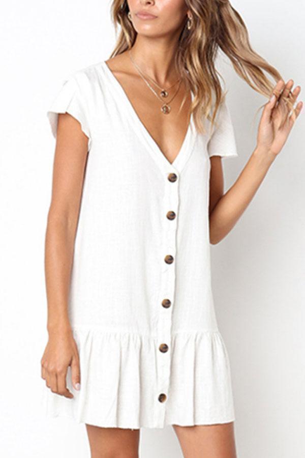 V Neck Single Breasted Plain Short Sleeve Mini Casual Dresses