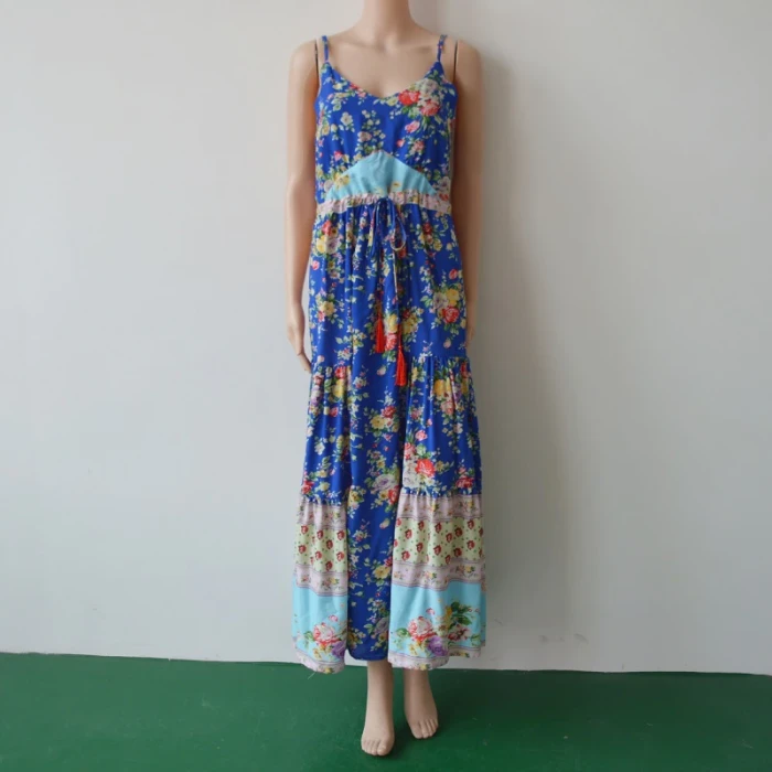 Women Boho Long Dress Sling Dress Floral Printing Beach Maxi Dress Lace Up Big Pleated Dress Female Vestidos