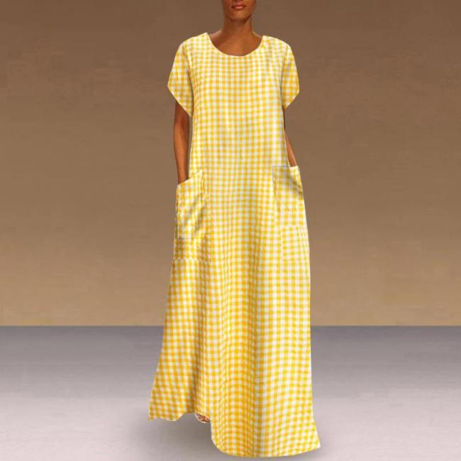 Women Vintage Bohemian Maxi Long Dress Summer Short Sleeve Plaid Loose Sundress Casual Pockets Plus Size 5XL Dress Robe