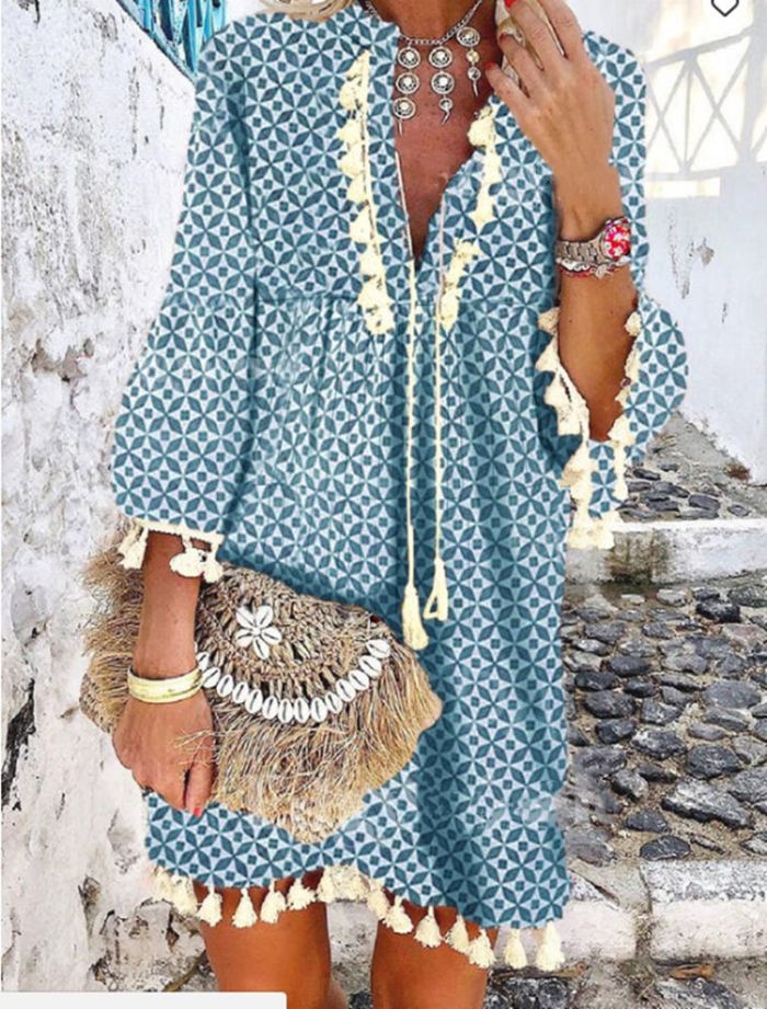 2021 Spring Vintage V Neck Tassel Party Dress Women Elegant Floral Print 3/4 Sleeve Mini Dress Ladies Summer Casual Beach Dress