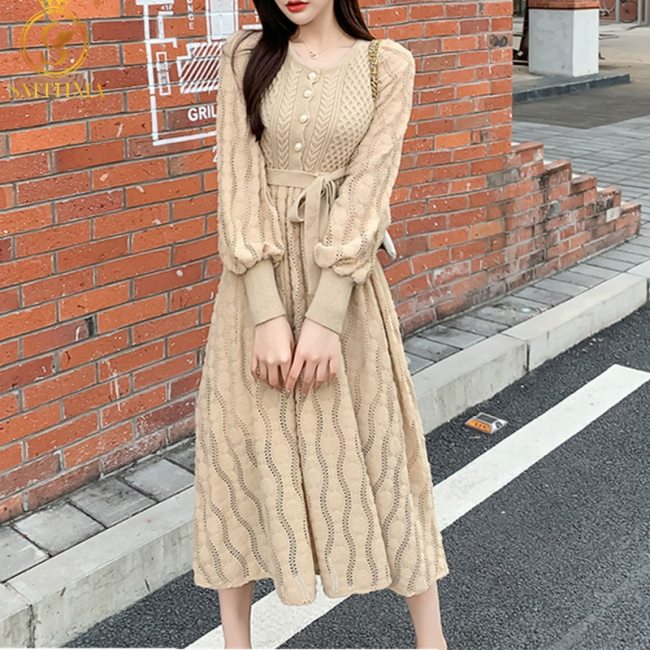 Lantern Sleeve Patchwork Slim Knitted Dresses