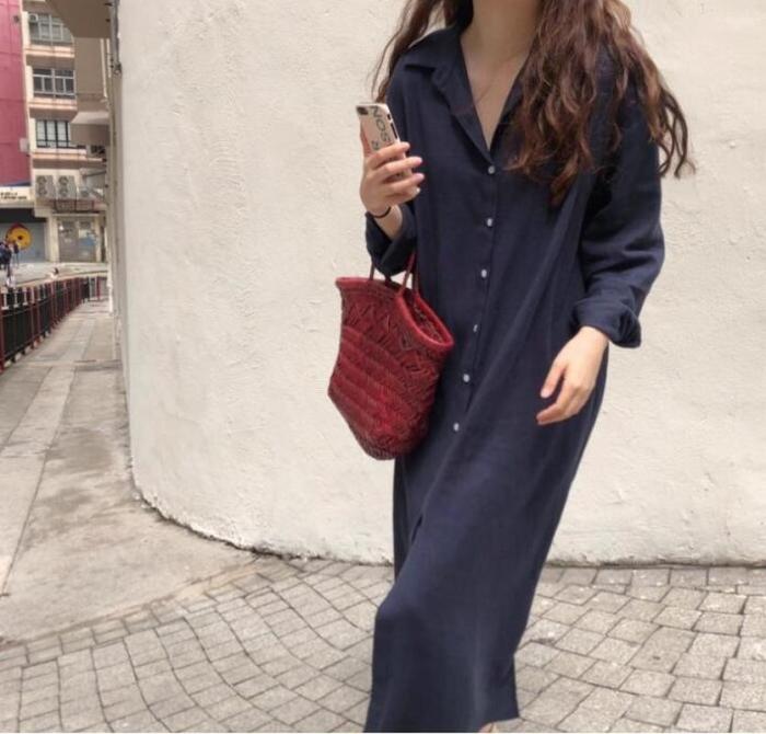 Elegant Midi Shirt Dress Womens Summer Sundress Vintage Button Thin Vestidos Female Long Sleeve Split Lapel Robe CL332