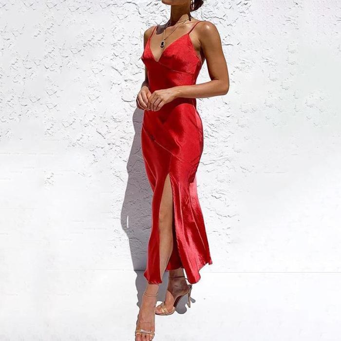 Sexy V-neck sling solid color holiday dress