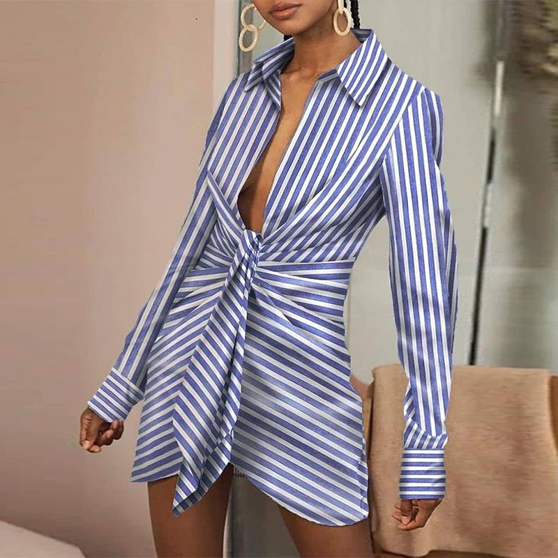 Fashion Striped V Neck Mini Shirt Dress Women Long Sleeve Front Self-tie A Line Bandage Dress Office Female Vestidos Autumn 2021