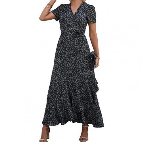 2021 Women Dress Floral Print V Neck Ruffle Hem Short Sleeve Wrap Maxi Dress Streetwear Summer Beach Dresses