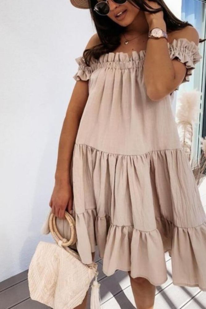2XL Women Off The Shoulder Ruffles Mini Dress 2021 Spring Slash Neck Pleated Party Dress Casual Solid Loose Summer Beach Dresses