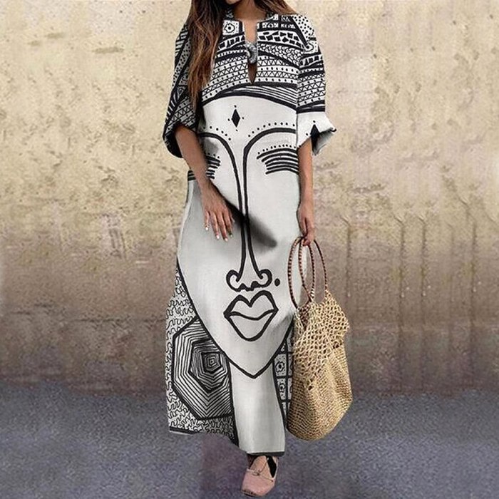 Elegant Vintage Portrait Print Dress Abstract Face Women Dresses Beach Party Spring Autumn 2020 Fashion Loose Female Chic Dress