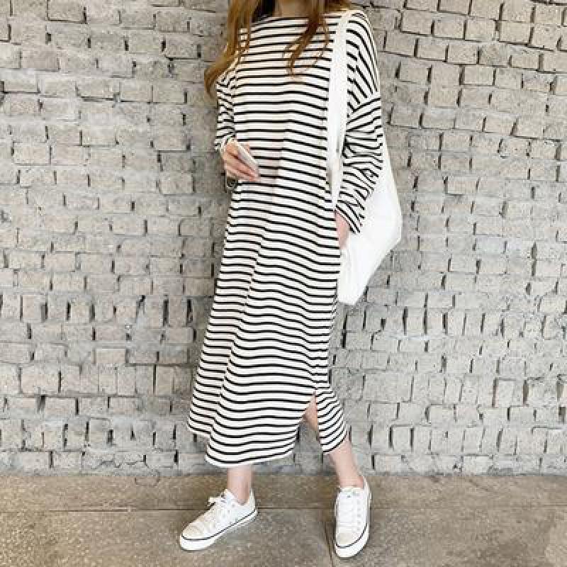 2021 Spring&Summer New Korean Loose Thin Slit Simple Striped Casual Plus Size Round Neck Pocket Women A-line Dress Free Shipping