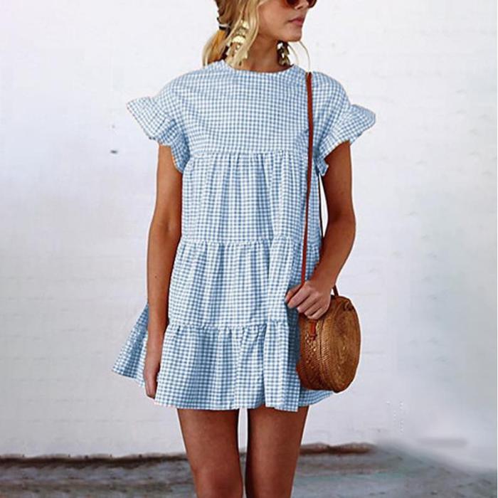 Grid Pattern Casual Short Sleeves Mini Dresses