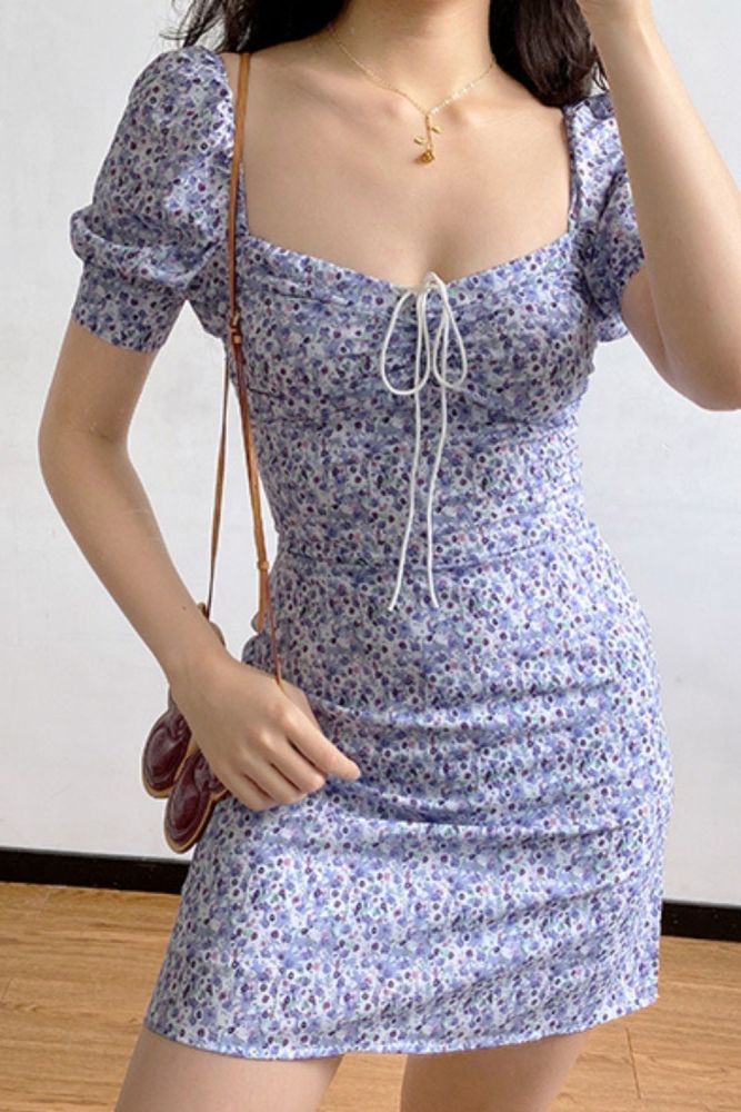 Summer Printed Vintage Dresses 2021 Fashion Puff Sleeve Casual Short Mini Dress Women Korean Clothes Chiffon Sexy Bodyon Dress
