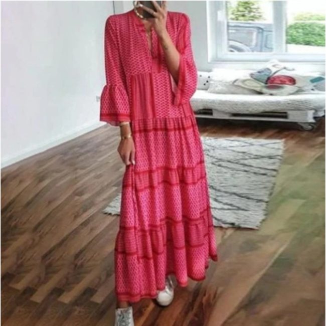 Fashion Leopard Bohemia Printed Long Dress Spring Three Quarter Ruffles Splice Loose Dress Vintage Floral Casual Dress Vestidos