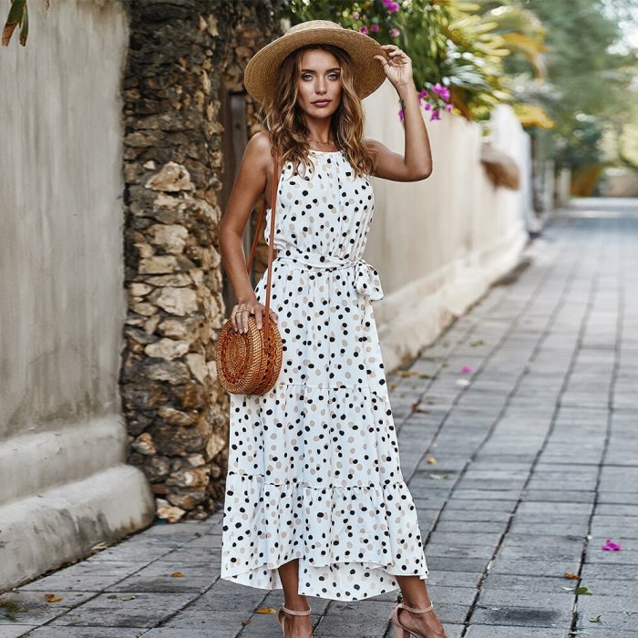 Summer Polka-Dot Dress Women Beach Dresses Bow Strapless Casual White Midi Sundress Red Vacation Long Dress