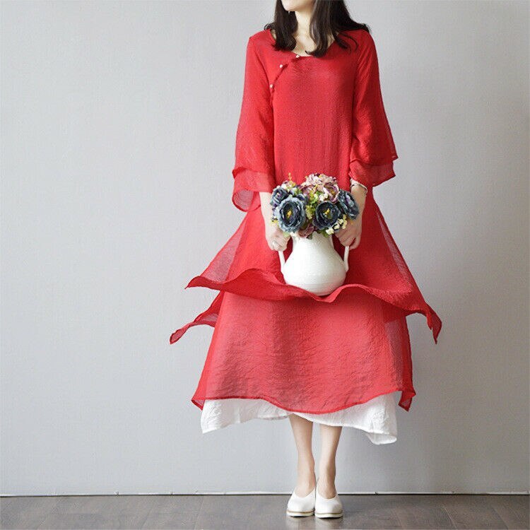 Women's Vintage Chinese classic dress loose solid color long sleeve dress Vintage Chinese classic spring and autumn robe dress