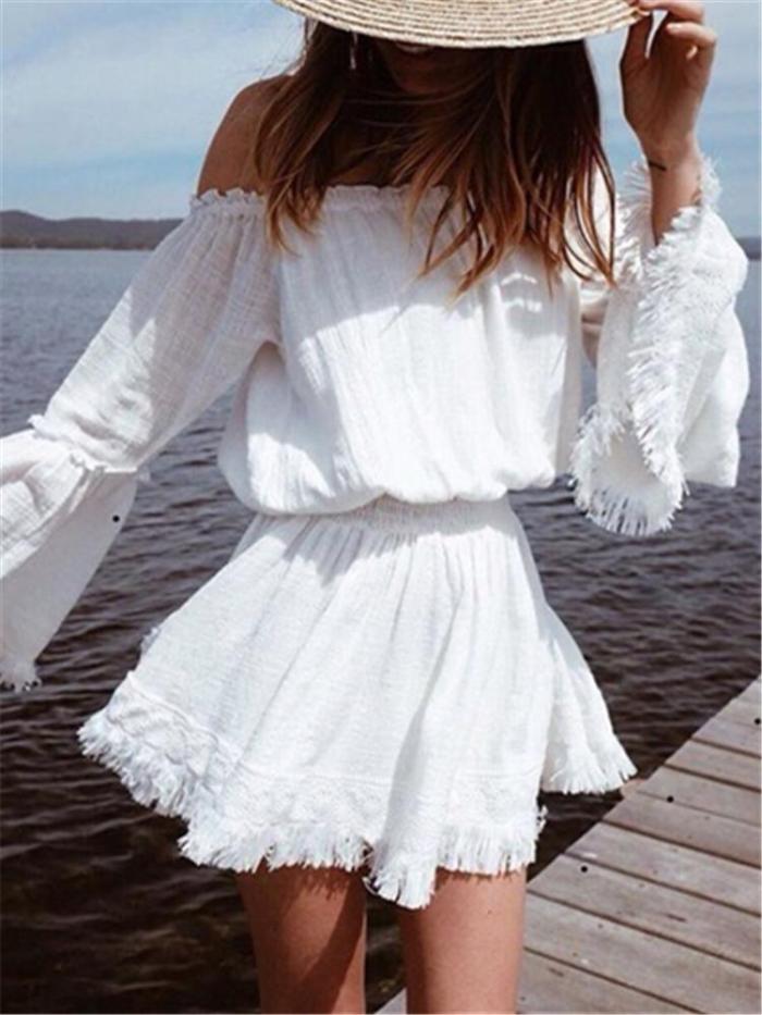 Sexy Off Shoulder Bell Sleeve Fringed Mini Dress