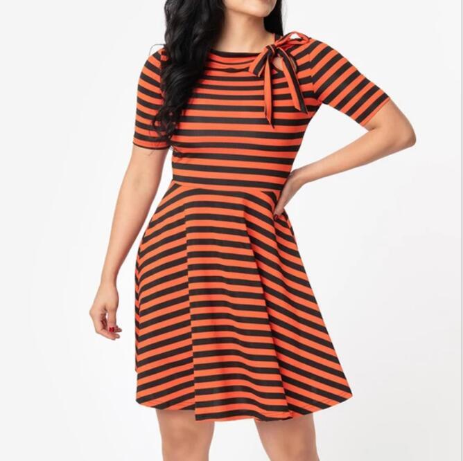 Tonval Vintage White and Black Striped Tie Neck Cut-out A Line Skater Dress Women 95% Cotton Short Sleeve Autumn Casual Dresses