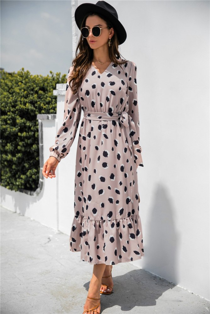 Long Sleeve Polka Dots Ruffles Midi Dress Casual Office Lady V Neck Vestidos Autumn Elegant Vintage Print Floral Sexy Dresses