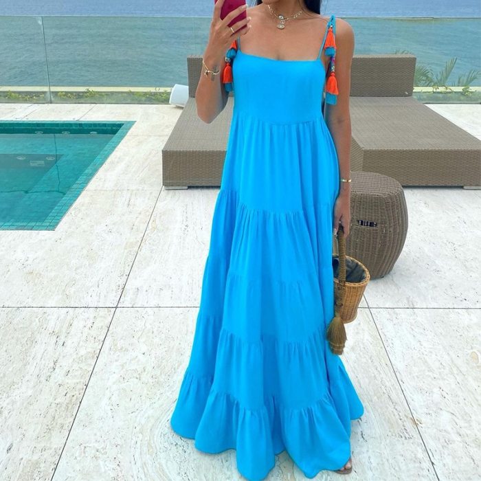 Summer sexy solid sundress Women square collar pleated hem ruffle maxi long dress Blue black high waist sukienki damskie