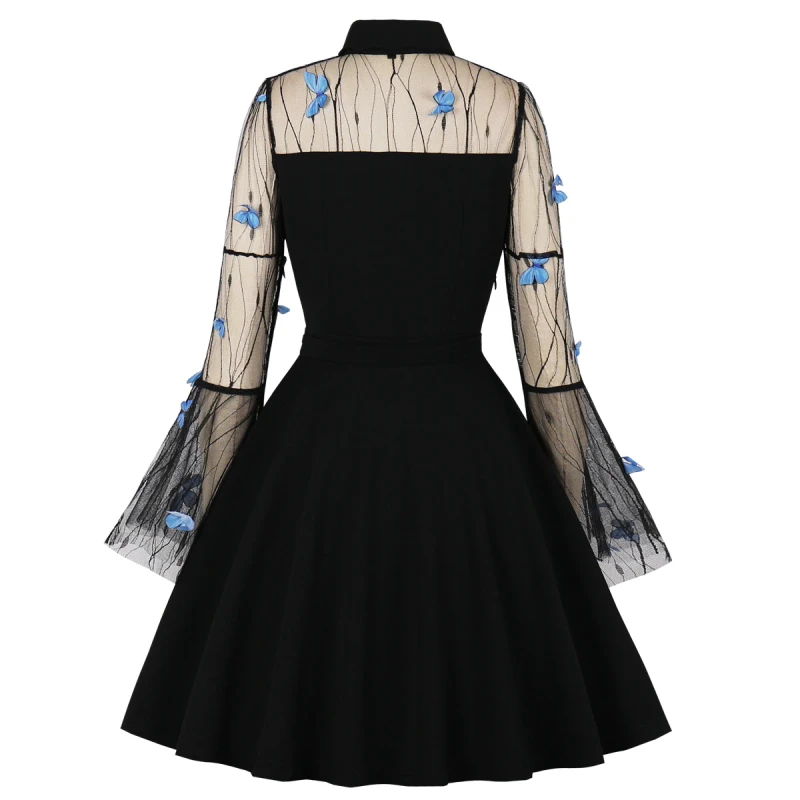 Women Party Dress Black Flare Long Sleeve Valentine's Sundress Butterfly Retro 60s Gothic Costume Midi Swing Dresses
