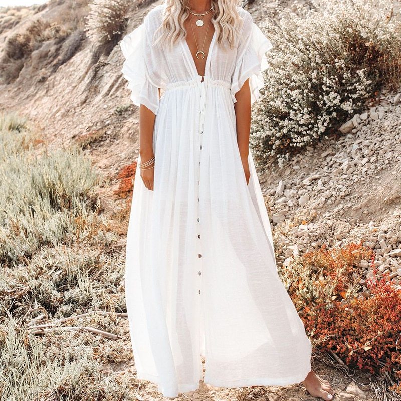 White Cover-ups Bikini Cover up Kaftan Women Long Maxi Dress Solid V neck Ladies Holiday Dress Robe Plage Tunic Women Beachwear