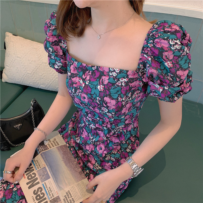 Women's Casual Summer Floral Print Retro Dresses Square Neck Split Ruffles Puff Sleeve Midi Lady Elegant Maxi Vestido