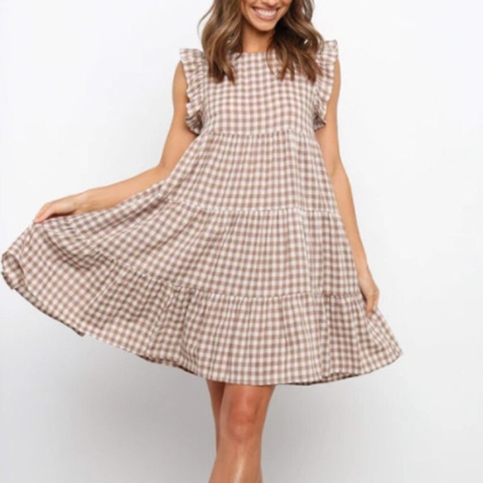 Summer Ruffle Loose Casual A-line Dress Off Shoulder O Neck Flying Sleeves Dress Elegant Plaid Printed Lady Stitching Dresses XL