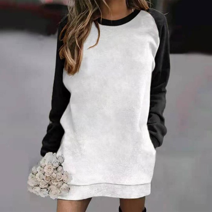 Women Winter Vintage Loose Pocket Party Dresses 2021 Autumn Elegant Patchwork Print Mini Dress Casual O-Neck Sweatshirt Dress