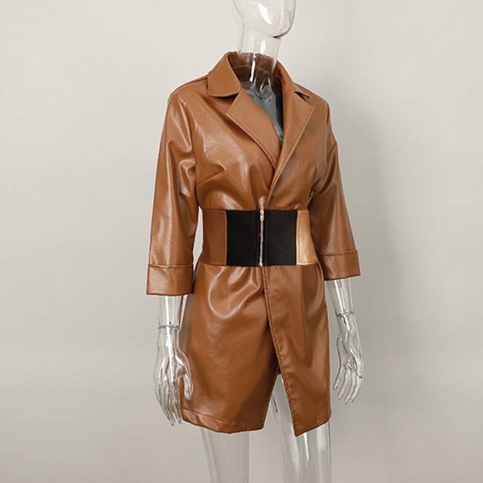 Women's Pure Faux Leather Jacket-Dress With Belt