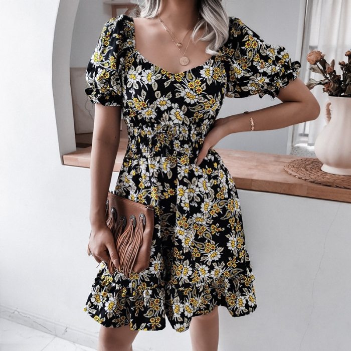 Summer V Neck Puff Sleeve Dress Women 2021 New Floral Print Square Collar A-Line Waist Elastic Mini Dress Casual Party Vestidos