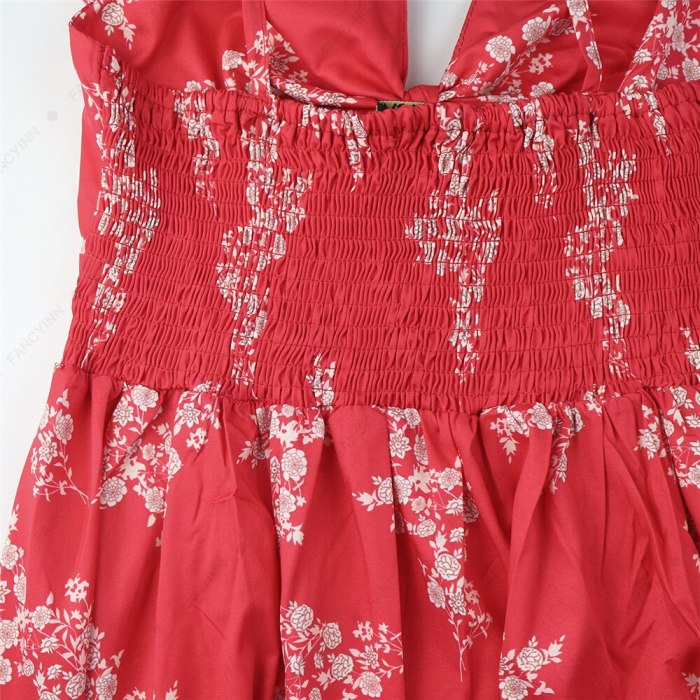 Summer Dress 2021Casual Flower Print Floral Slip Sundresses Backless Midi Red Dresses