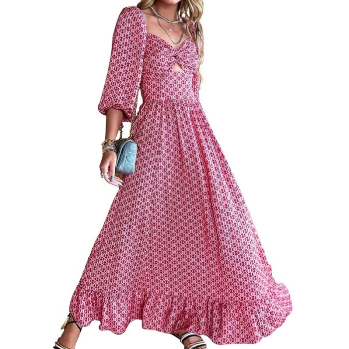 Summer Print Square Collar Maxi Dress Women Three Quarter Lantern Sleeve High Waist A Line Long Dress