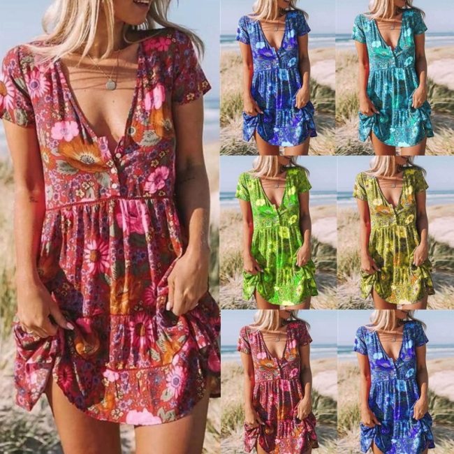 Sexy Summer Women V Neck Floral Pint Short Sleeve Shirt Dress Loose Bohemia Beach Plus Size Fashion Dresses Vestidos